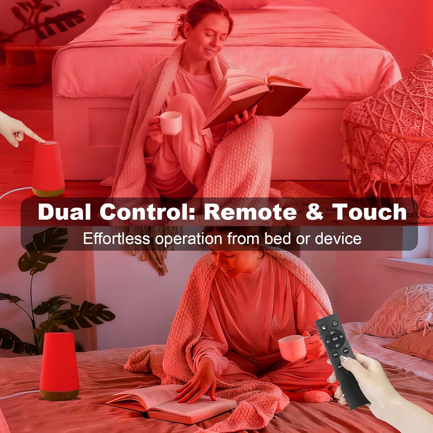 Red Night Light for Sleep, 670nm Night Lamp with White Light 3000K-6500K & Timer, Portable Red Reading Light for Bedroom, Touch/Remote Control, 360° Illumination, Stepless Dimmable, Hangable