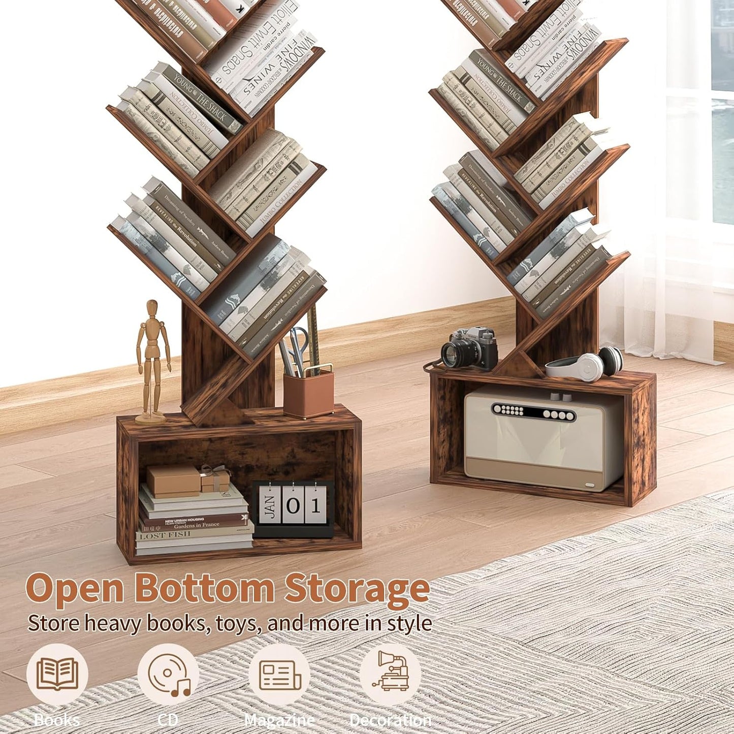 3-Tier Tree Bookshelf with 3-Color LED Lights, Small Narrow Tall Floor Standing Bookcase with Storage Organizer, Rustic Brown Book Shelf for Living Room, Bedroom, Home Office