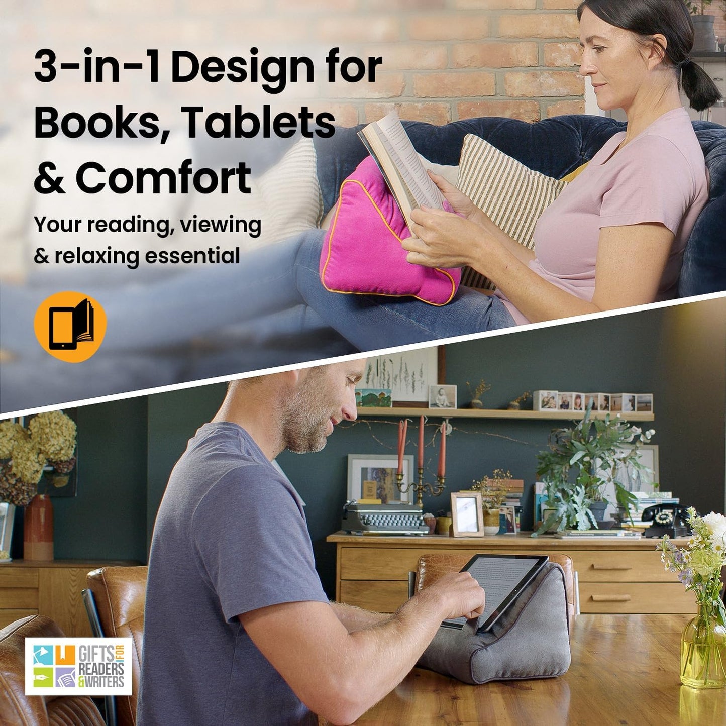 Gifts for Readers & Writers Tablet & Book Stand, Soft Reading Pillow, Book Holder with Pockets for Storage, Suitable for eReader/iPad/Kindle or Galaxy Devices, Book Couch Gray