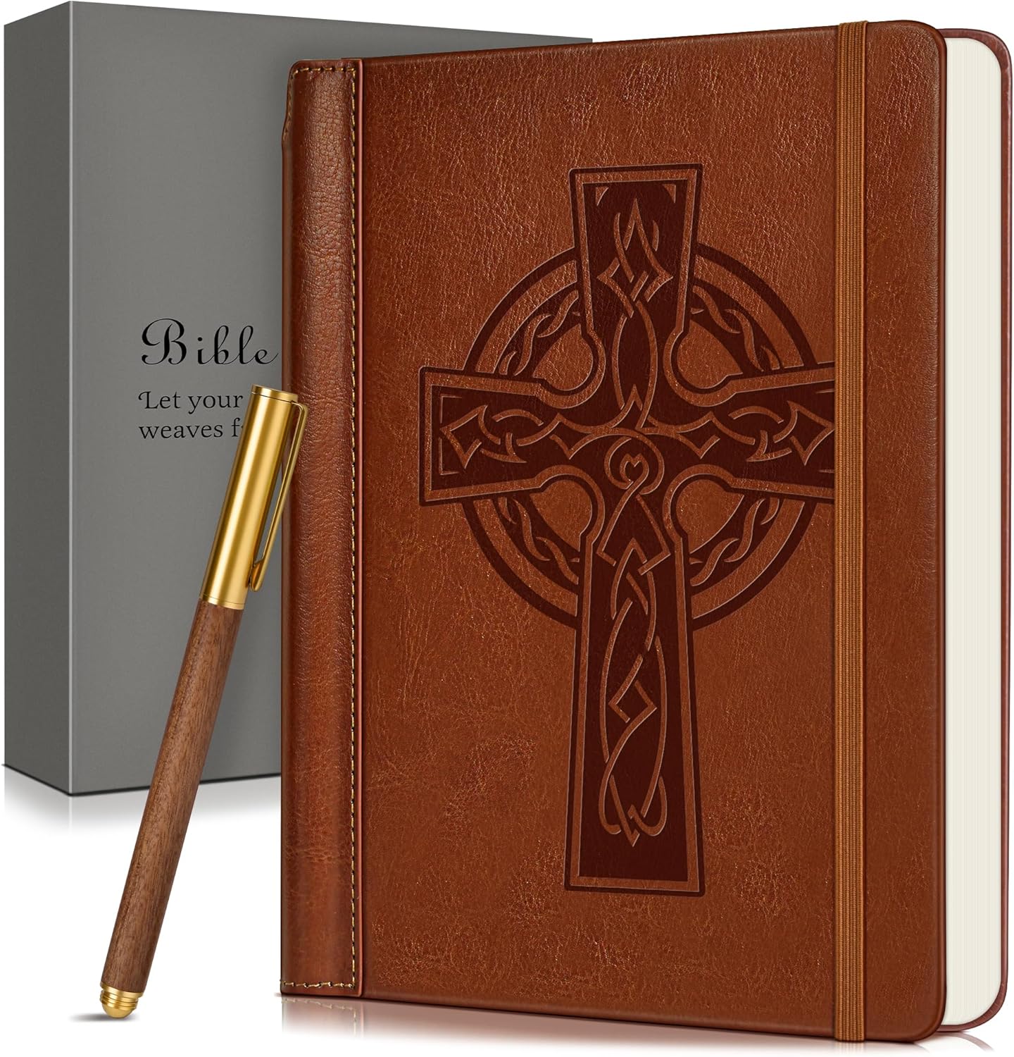 Leather Christian Bible Journal for Men Women, Undated Prayer Journal for Scripture Study & Daily Devotional, Church Notes Notebook, Jesus Religious Faith Gifts for Pastor, Graduation, Baptism (Cross)