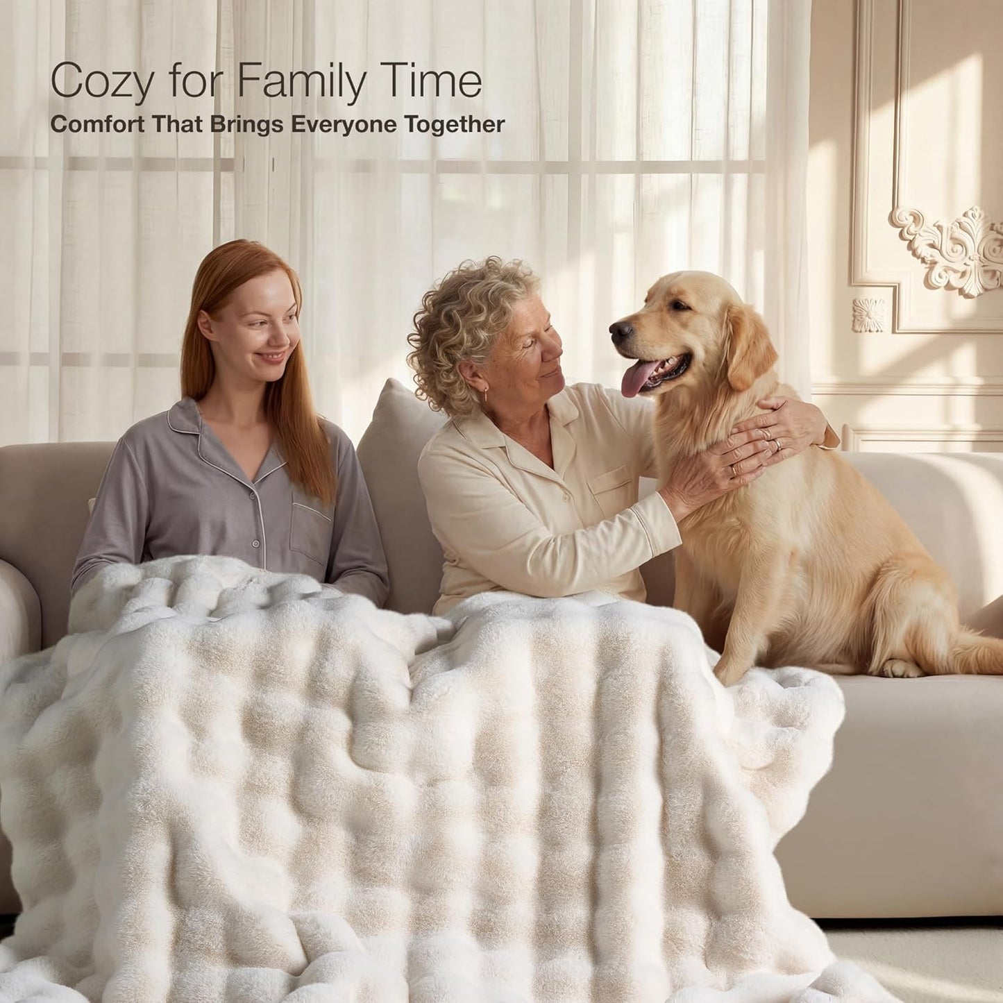 Luxury Ultra Soft Faux Fur Throw Blanket, 50x60 Inches Fluffy Plush Thick Bubble Blanket for Couch and Sofa, Premium Velvet Cozy Lola Fuzzy, 1000 GSM (Cream White)