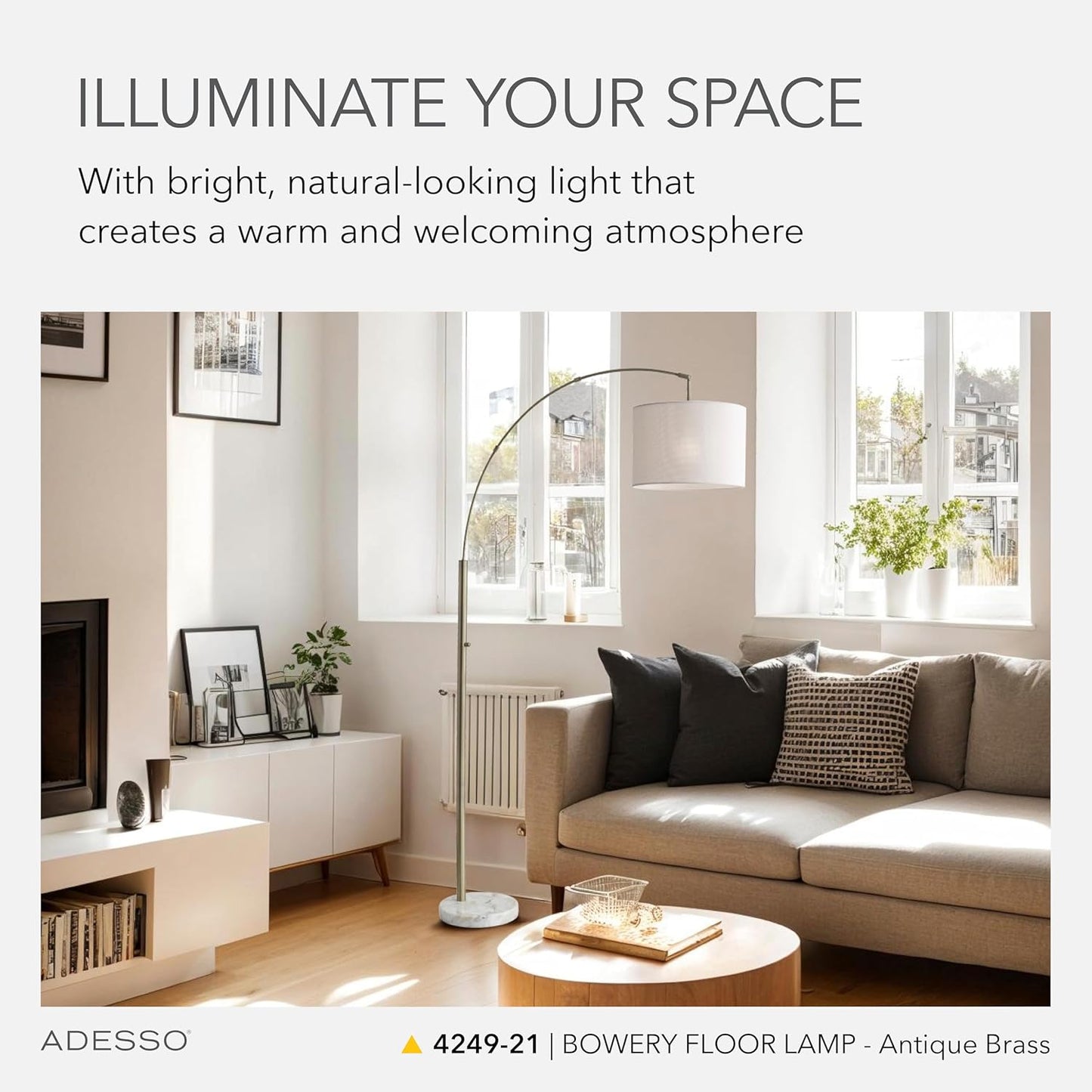 Adesso Arc Floor Lamp with Marble Base and Off-White Linen Lampshade – Adjustable Overhead Bedroom, Home Office Lighting, or Living Room Decor, 73.5” x 48”