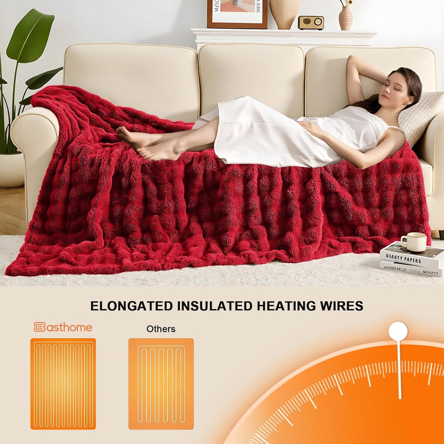 Heated Blanket Electric Throw Blanket 50''X 60''-Heating Blanket with 6 Heat Settings-4 Hours Auto Off,Cozy Faux Rabbit Fur Bubble Electric Blanket,Red