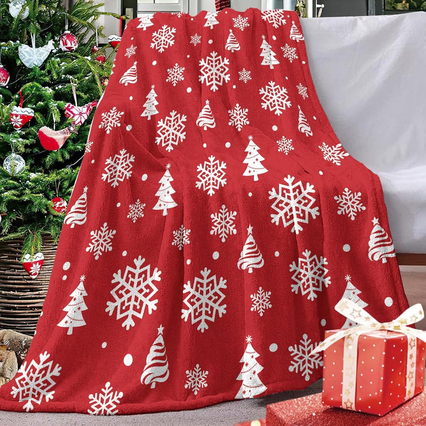 Christmas Tree Red Flannel Throw Blanket, Xmas Pine Trees Snowflake Birthday Gifts for Kids Men Women, Winter Holiday Soft Blankets for Bedding Sofa 50 x 60 Inches