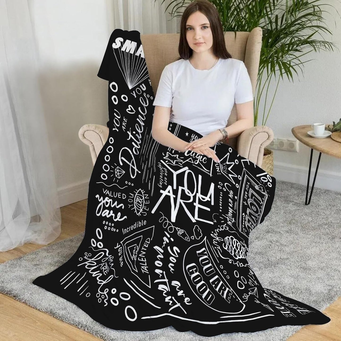 Inspirational Quote Throw Blanket, Positive Psychological Hint Word You are Cozy Decor Nap Cash Blankets Gift for Teens Kids Children Student College Dorm Throws White and Black 40×50 inches