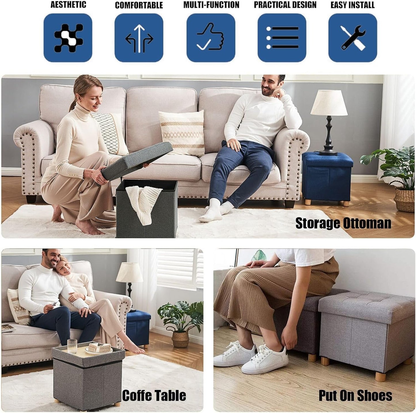BRIAN & DANY 15 Inches Ottoman with Storage, Square Small Storage Ottoman Foot Rest with Legs, Ottomans Foot Stool for Dorm, Living Room, Entryway (Black)