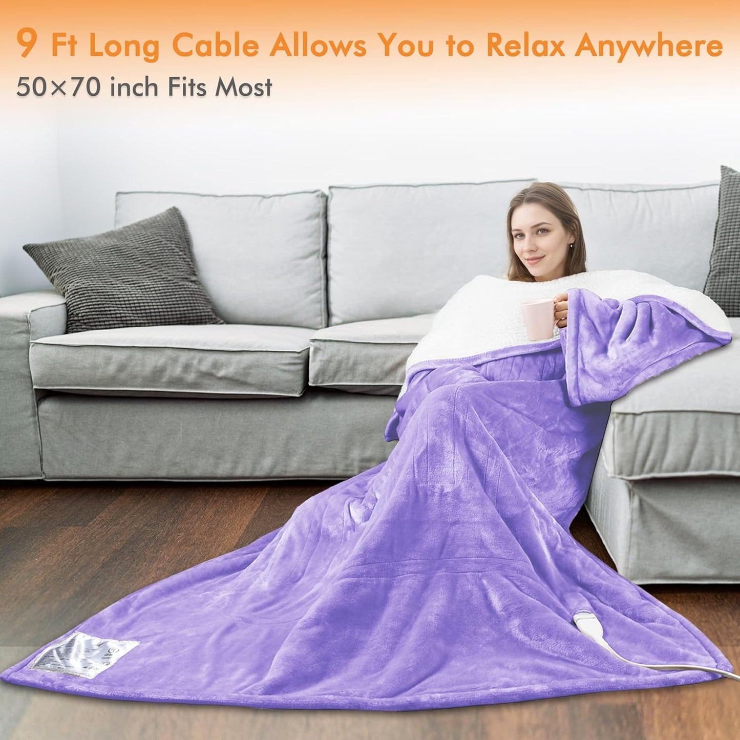 Tirrinia Wearable Heated Blanket with Sleeves, Cozy Sherpa & Fleece Electric Throw with 5 Heat Levels & Timer, Warm Snuggle Blanket for Sofa, Bed, Office, Winter Gift, Purple