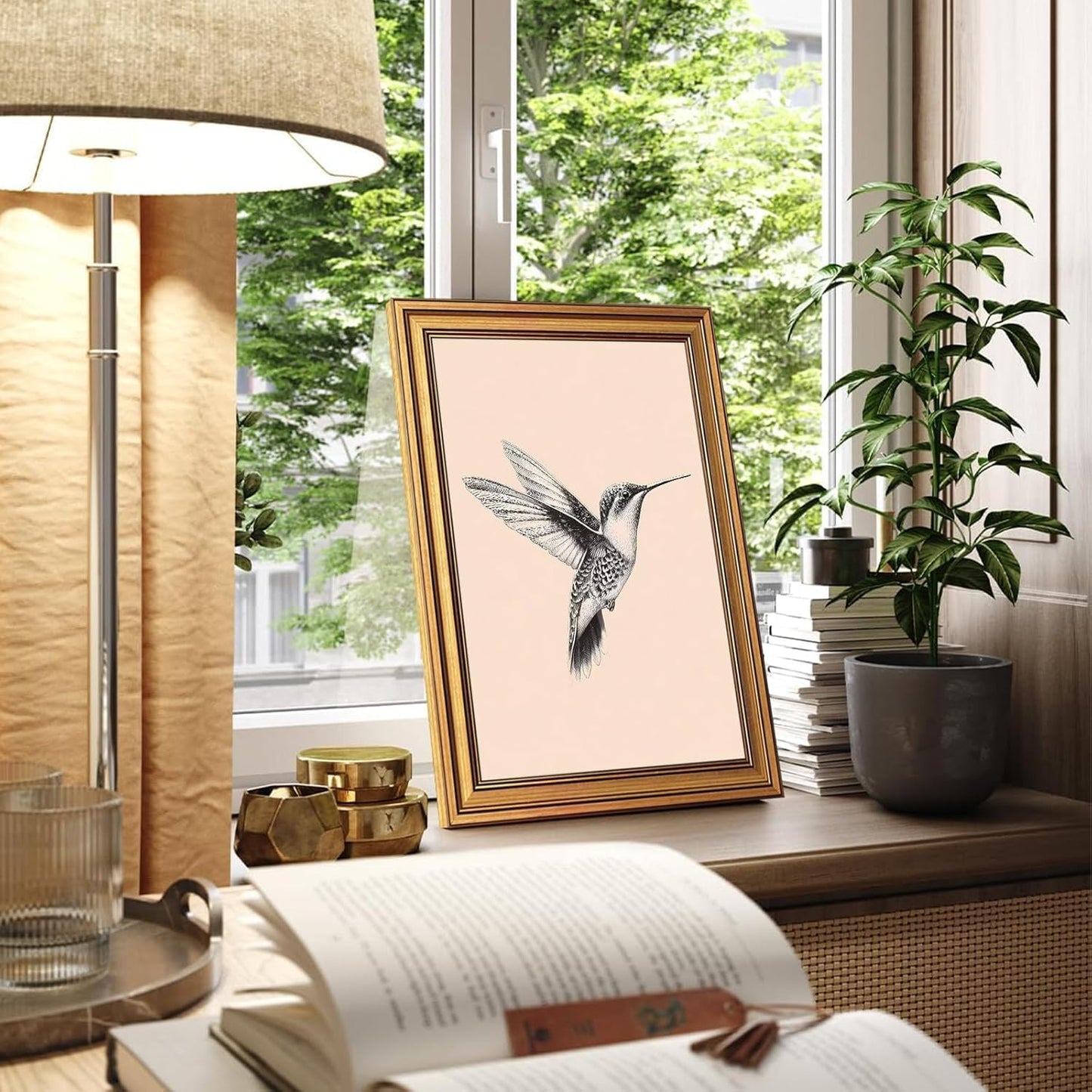 Gold Framed Hummingbird Wall Art - Vintage Black And White Bird Pictures Wall Decor, Simple Flying Bird Painting Canvas Prints, Rustic Cottage Sketch Artwork for Bathroom Hallway 12x16 Inch