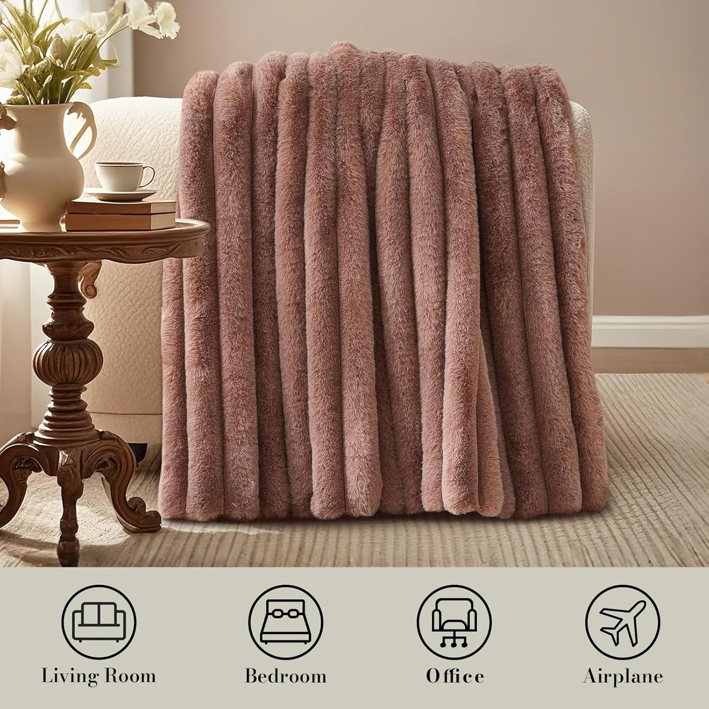 Amélie Home Faux Fur Throw Blanket for Couch, Ultra Cozy Fuzzy Fluffy Fur Luxurious Soft Striped Plush Gift Blankets for Family Sofa Chair Bedroom, 55"x70", Cationic Fox Pink Brown