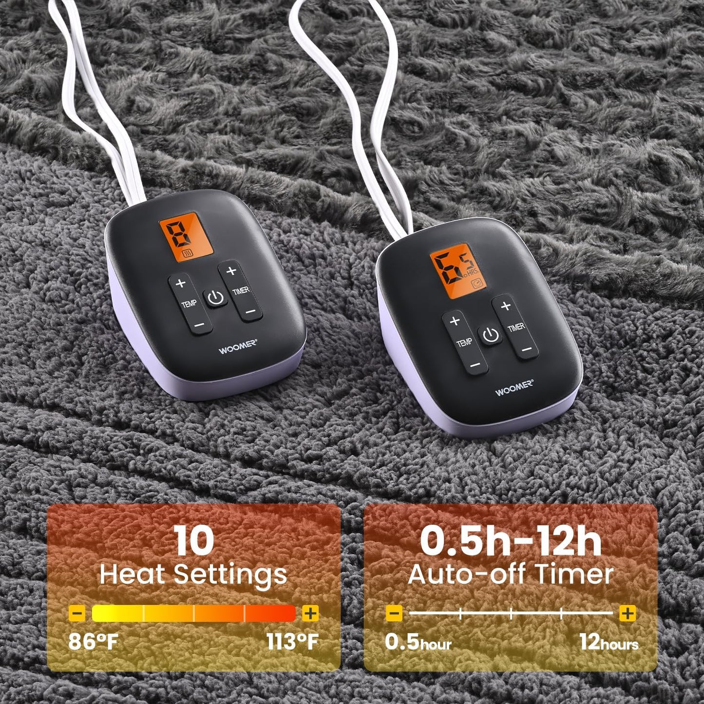 WOOMER Heated Blanket Queen Size 84" x 90", Electric Blanket with Dual Controls, 0.5-12 Hours Timer & 10 Heating Levels, ETL Certified, Dark Grey Rose Patterns Faux Fur & Sherpa, Machine Washable