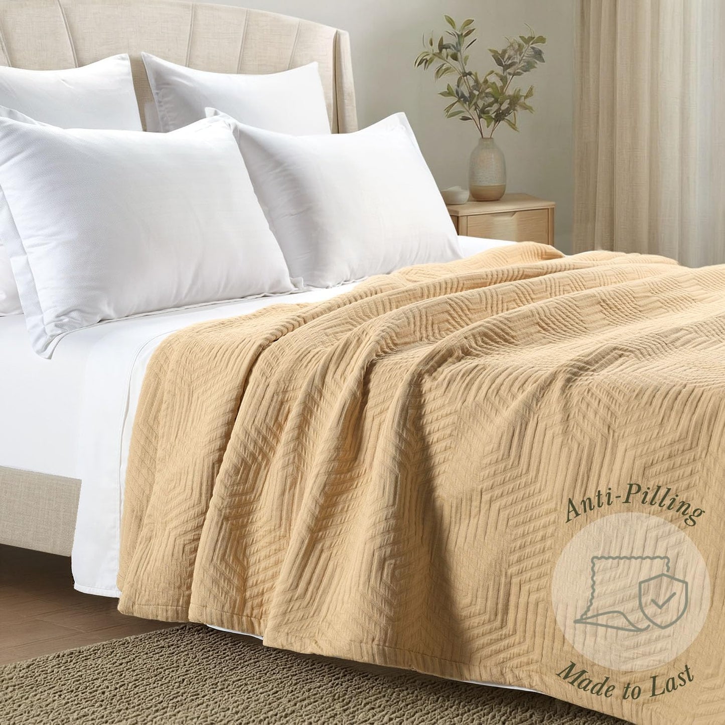 Threadmill Luxury Cotton Blankets for Queen Size Bed | All-Season 100% Cotton Queen Size Blanket | Aster Jacquard Cozy Lightweight, Soft Breathable Coverlet fits Full Size Bed, 90x92 | Beige
