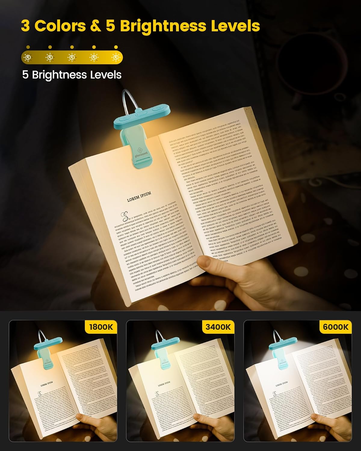 Glocusent Horizontal ET-Head Book Light for Reading in Bed, Eye Caring, CRI 95, 3 Colors & 5 Brightness, Rechargeable Long Lasting Reading Light, 1.8Oz Lightweight & Portable, Perfect for Book Lovers