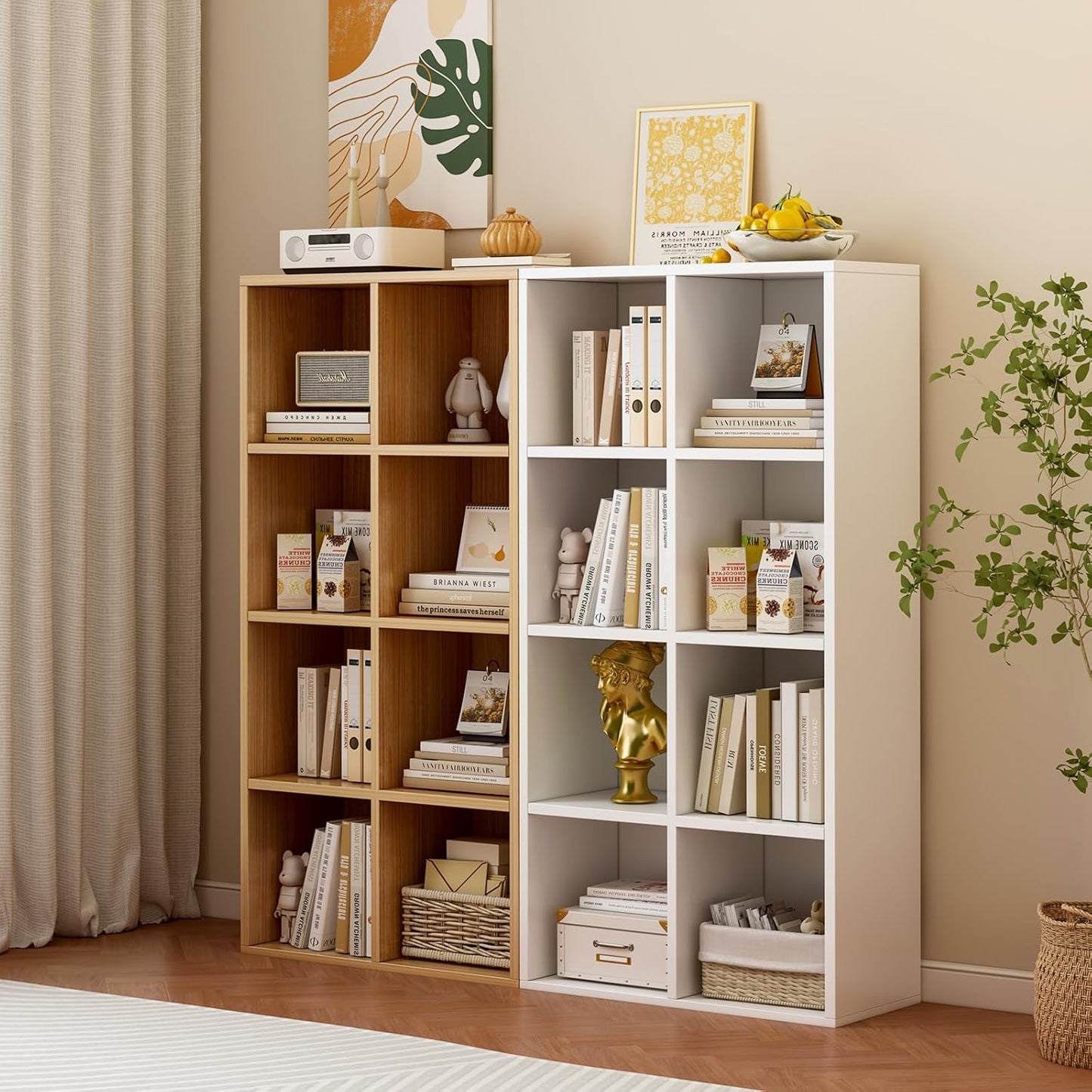 8-Cube Storage Shelf Bookcase - Wooden 4-Tier Floor Standing Open Bookshelf for Home and Office, Display Cabinet, Oak