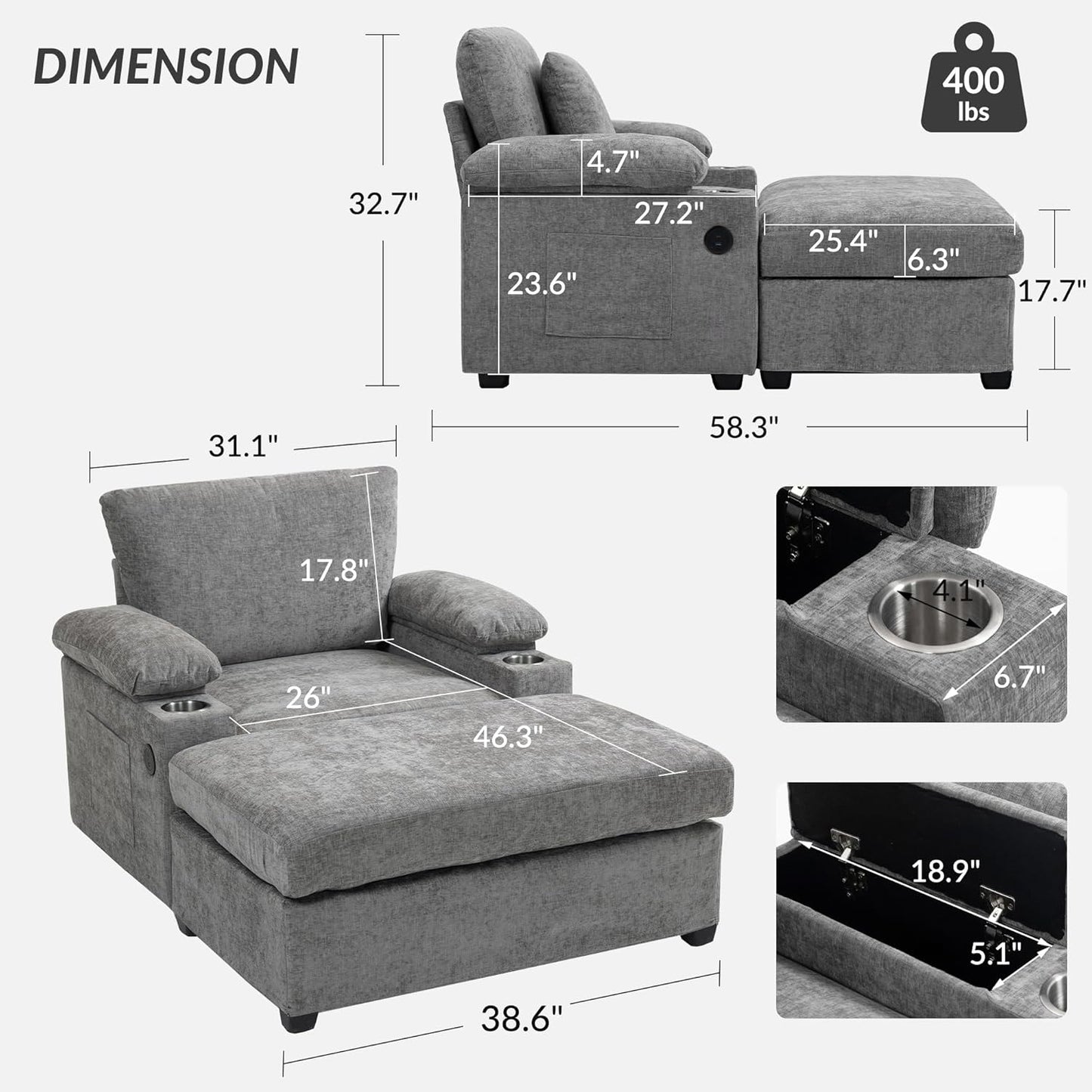Modern Ergonomic Accent Chair with Ottoman - Supportive Oversized Lounge Chair for Living Room, Bedroom, Reading, Vanity, Comfy Seating with Lumbar Support, Cup Holders and Stylish Design,Grey-Chenill