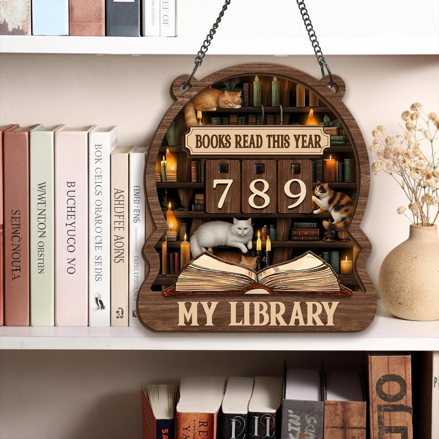 Books Read This Year Counter, Wooden Books Accessories for Book Shelf Decor, Books Reading Tracker Sign with Hanging Chain & Table Stand, Gifts for Book Lover, Reading Challenge Library Bookish Decor