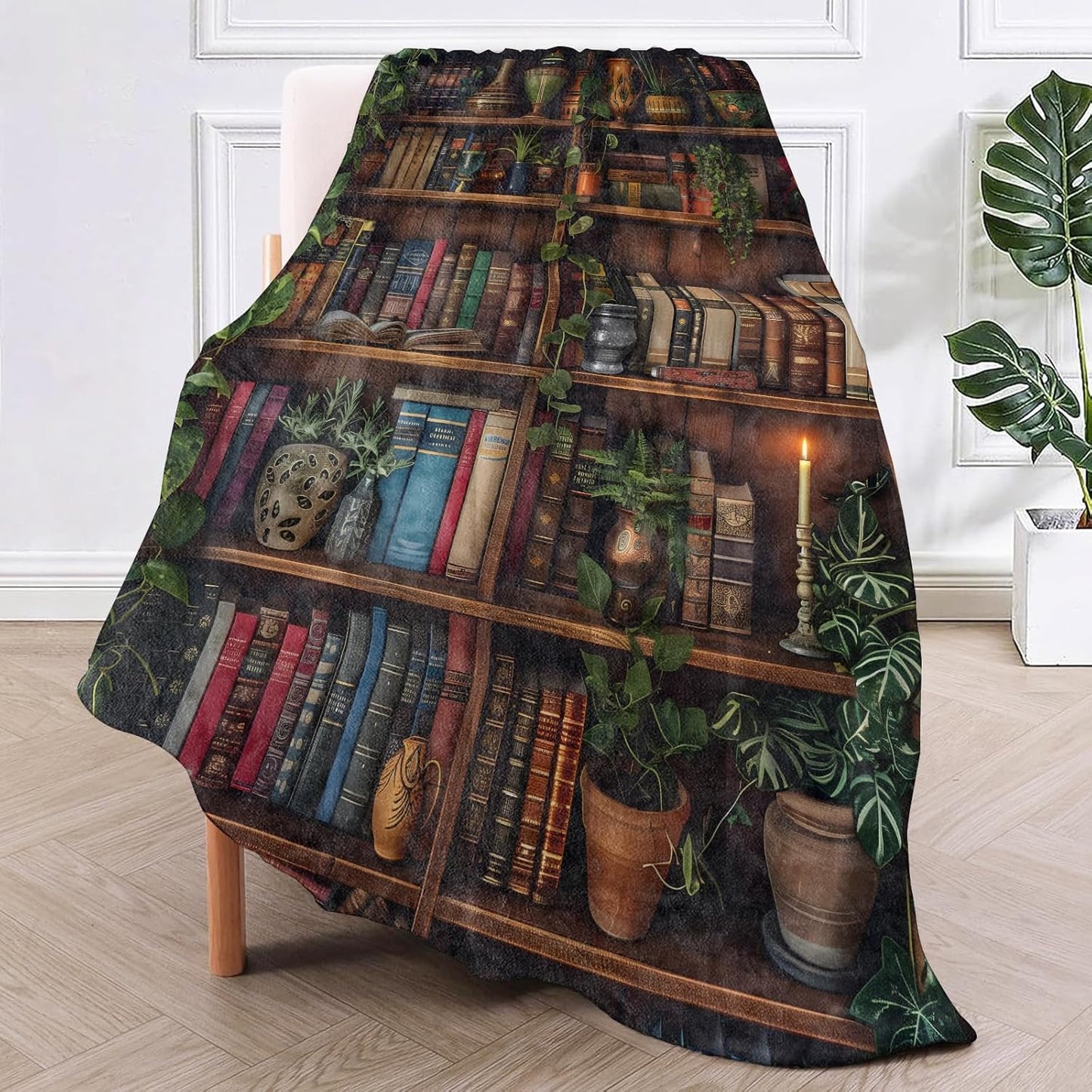 Vintage Library Bookshelf Throw Blanket for Couch Picnic Camping Bedroom Decor, Classic Books Potted Plants Warm Candlelight, Super Soft Cozy Fluffy Blankets Gifts for Bookworm, 60x50 Inch