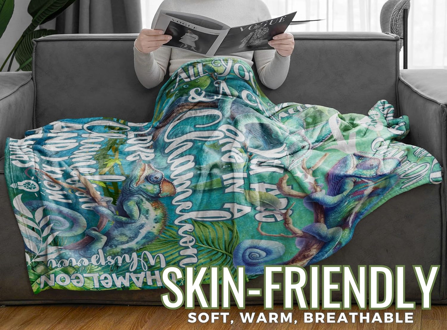 Chameleon Gifts for Chameleon Lovers, Chameleon Blanket Gifts for Women, Soft Flannel Blanket, 65 x 50 inches