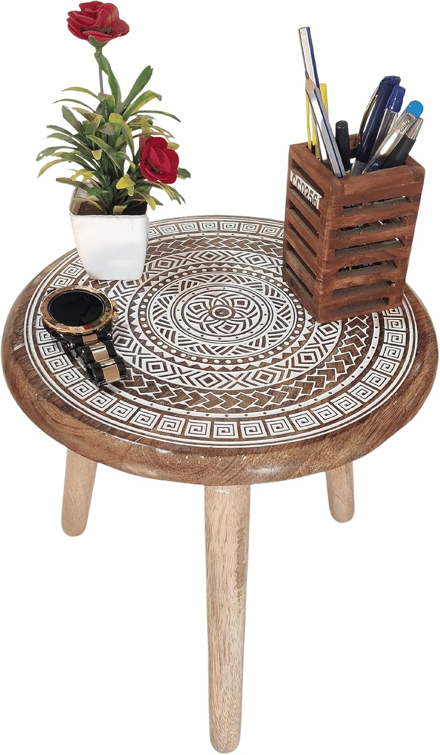 VANIYA CRAFTS® Wooden Engraved Fold-able Side Table/End Table/Plant Stand/Stool for Living Room Bedroom Restaurant Kids Play Furniture Table Round Shape (Natural White 2)