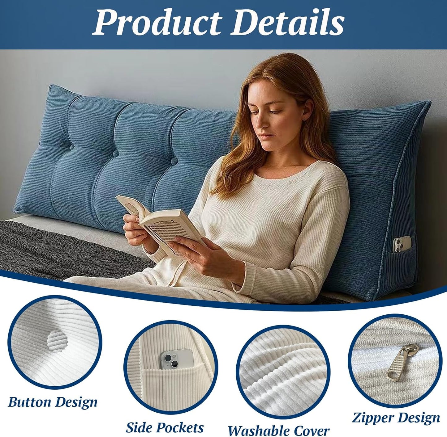 Djft Wedge Headboard Pillow for Bed Sitting & Reading, Bed Backrest Reading Cushion with Removable Cover, Large Sitting Support Pillow with Side Pockets (Blue, King 76in)