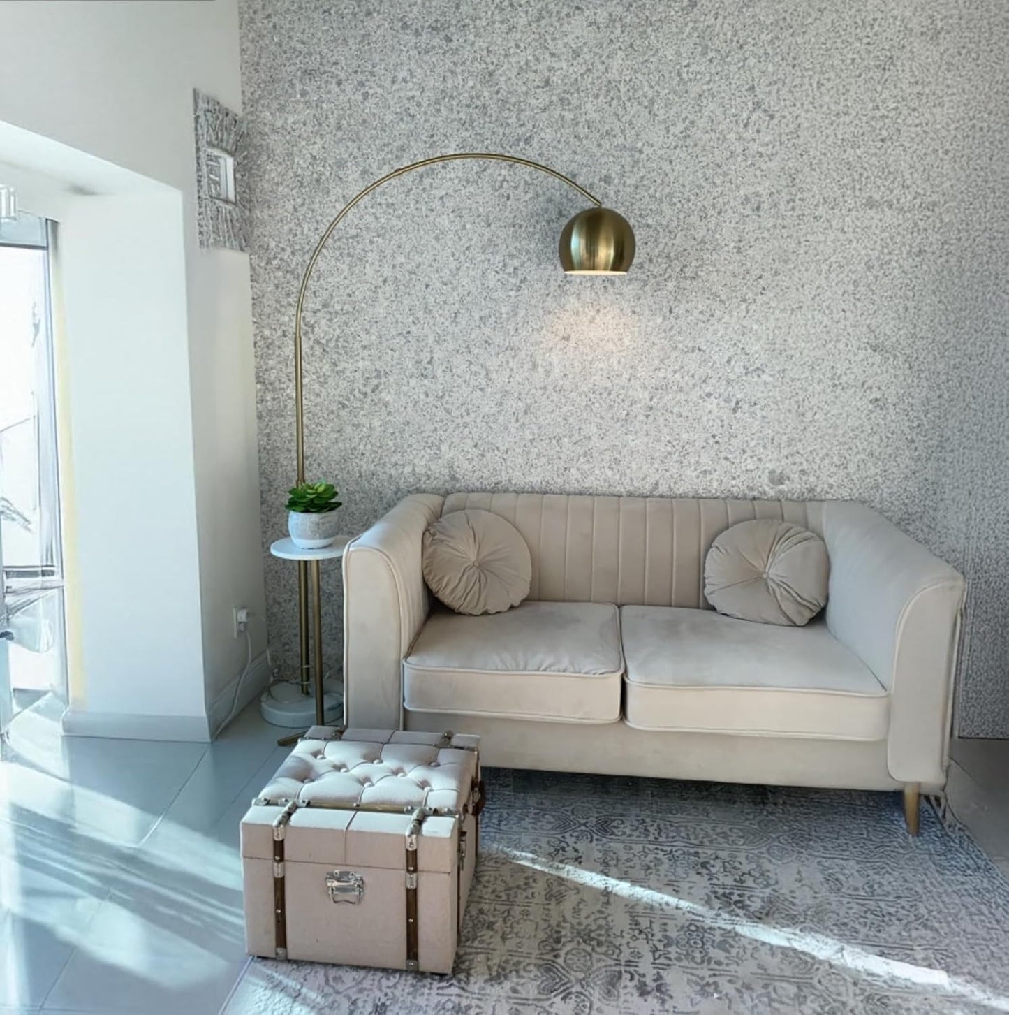 Brightech Olivia Floor Lamp - Chic Arc Lamp with Rounded Spolight Head and Marble Base for Living Room, Tall Standing Lamp with LED Light Bulb for Bedroom Reading, Boho Home Decor for Office - Brass