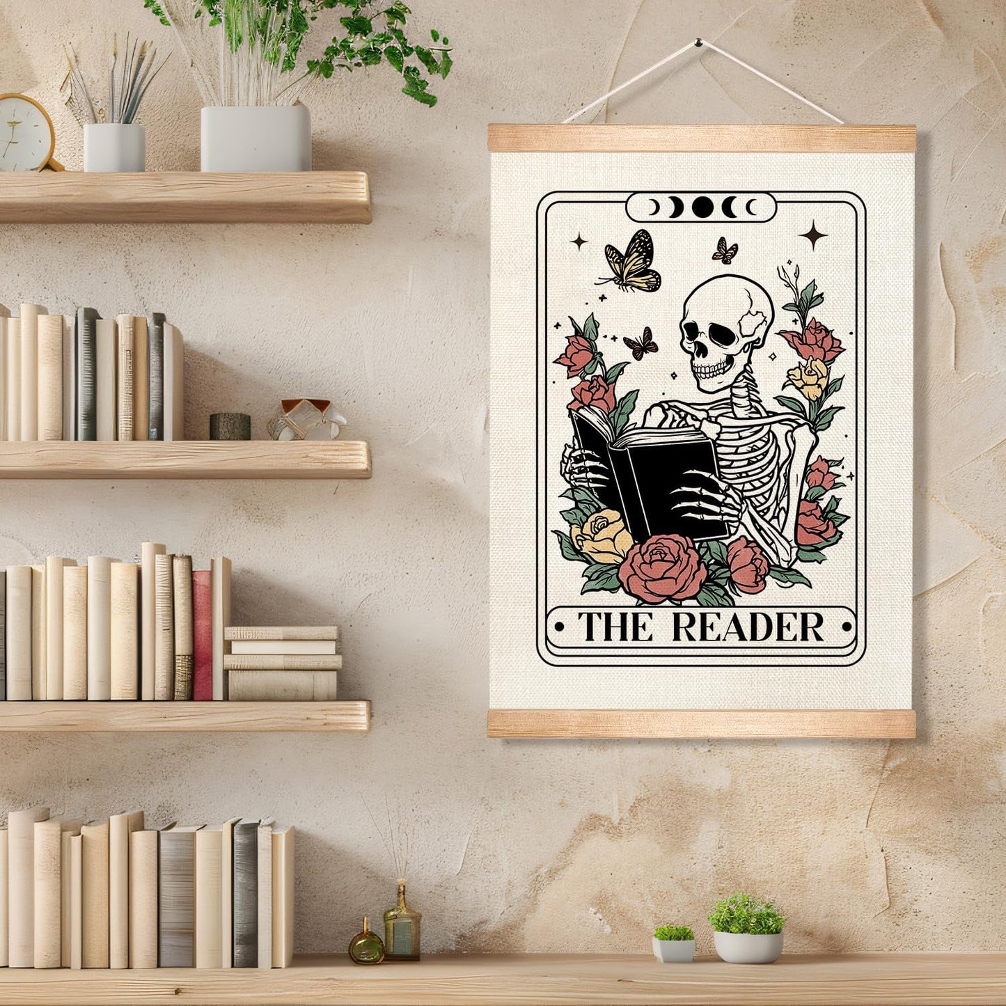 HEYJEEPER The Reader Tarot Card Wall Art, 14x18inch Gothic Skeleton Reading Books, Canvas Wall Hanging Poster,Library, Reading Corner Decor,Vintage Witchy Room Decor (Reader)