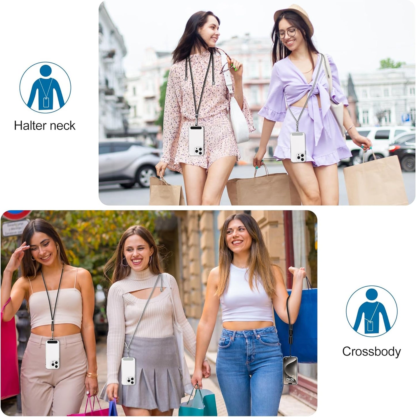 takyu Phone Lanyard, 2 Pack Adjustable Cell Phone Lanyard Crossbody Neck Strap & 2 Pack Phone Wrist Strap with 2 Pcs Tether Tabs Compatible for iPhone Android Smartphones-Black Grey