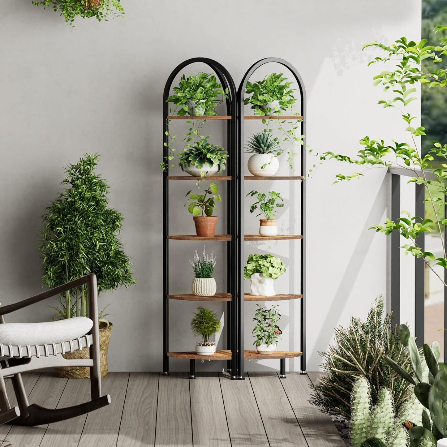 Homhedy 5-Tier Arched Corner Shelf Stand, Wall Corner Bookshelf with Metal Frame, Plant Stand, Industrial Storage Rack Shelf for Living Room, Bedroom, Office, Bathroom, Rustic Brown and Black