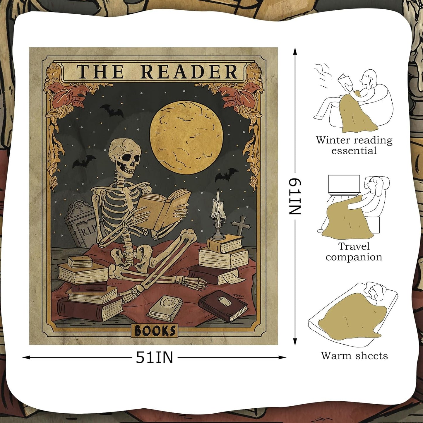 Book Lovers Gifts Throw Blanket 60 x 50 Inch Reader Blankets Book Club Horror Gifts Basket Stuffers for Women Bookworm Bookish Librarian Reading Basket(Skeleton)