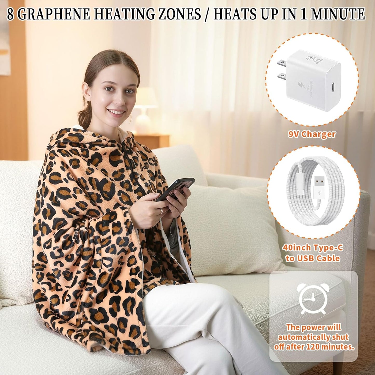 USB Heated Blanket Type-C Heated Hoodie Throw Blanket Electric Shawl Leopard Print 1 Heating Level Wearable Soft Heating Shawl for Neck & Shoulder, Winter Gifts for Women Travel,Camping,Bed