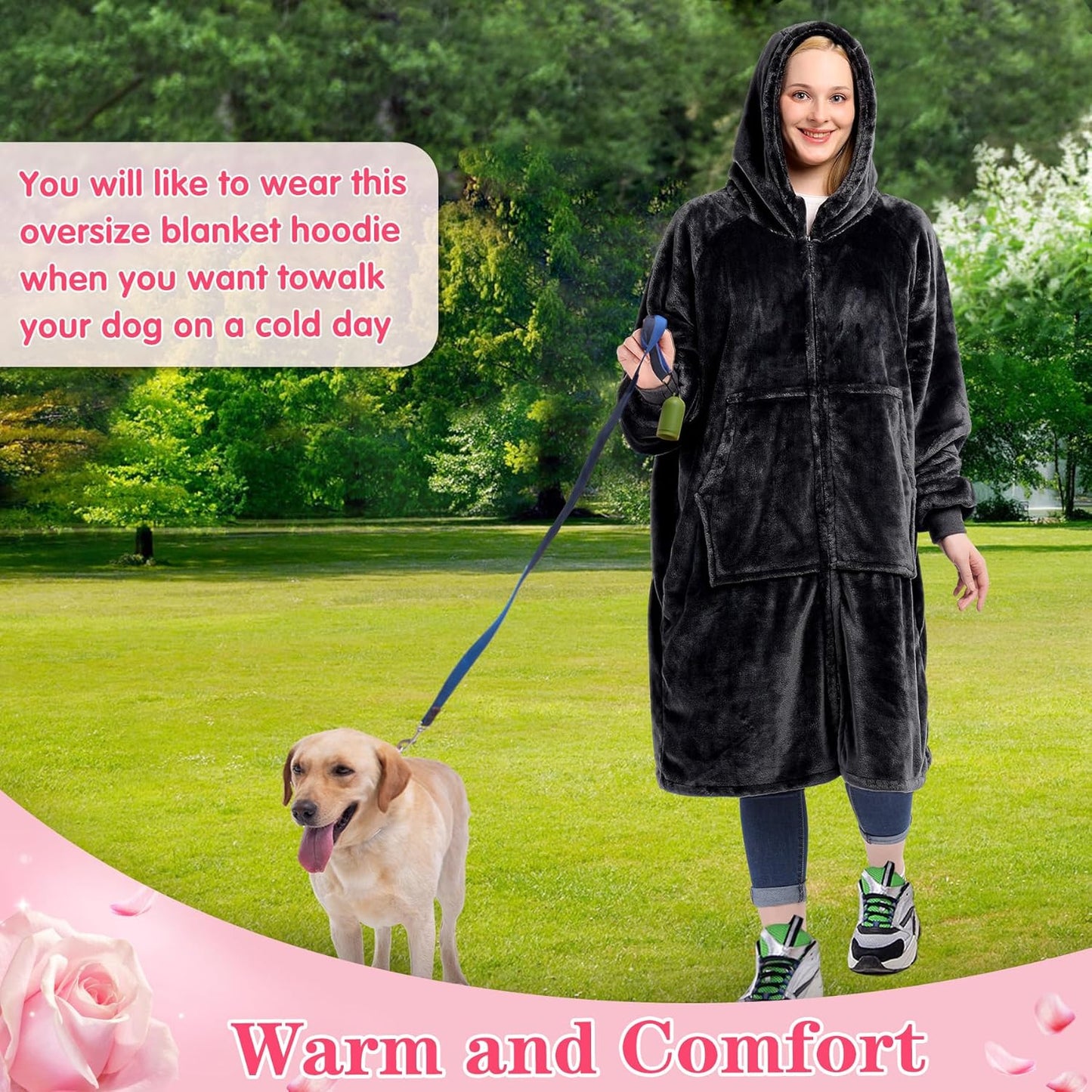 Waitu Wearable Blanket Hoodie with Zipper Gifts for Women Men, Warm and Cozy Oversized Hoodie Blanket Birthday Gifts for Women Mom, Thick Flannel Blanket with Giant Pocket - Black