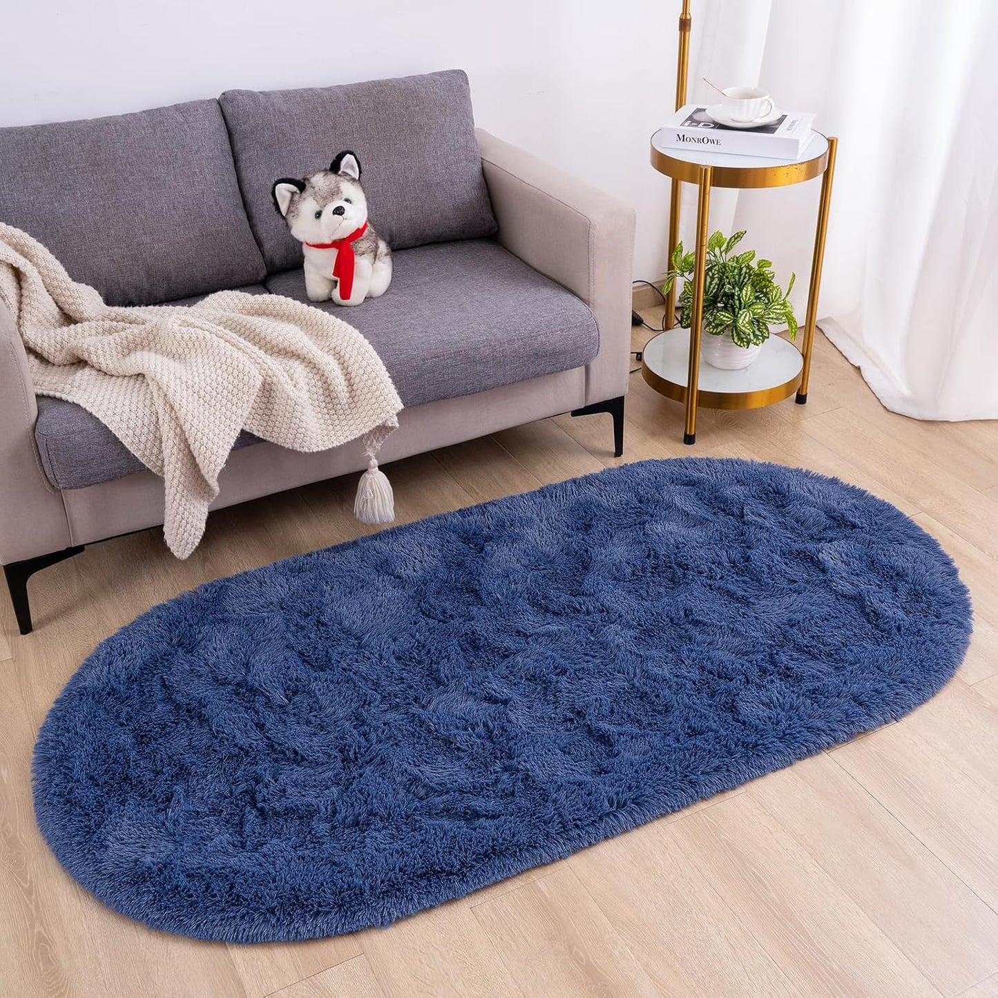Fluffy Bedroom Rug, Small Oval Area Rugs, Light Navy Shag Bedside Carpet for Kids Room Nursery Dorm Cute Fuzzy Indoor Decor for Boy and Girl, 2.6 x 5.3 Feet