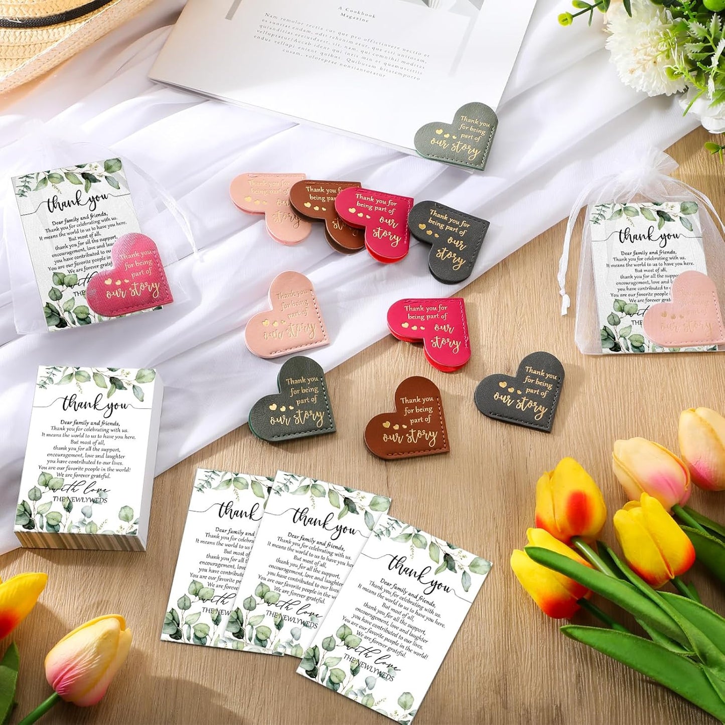 50 Sets Wedding Favors for Guests Bulk Include PU Leather Corner Bookmarks Heart Book Marks Thank You Cards Gift Bags Wedding Souvenirs for Guest Bridal Shower Favors Reading Lover Gifts