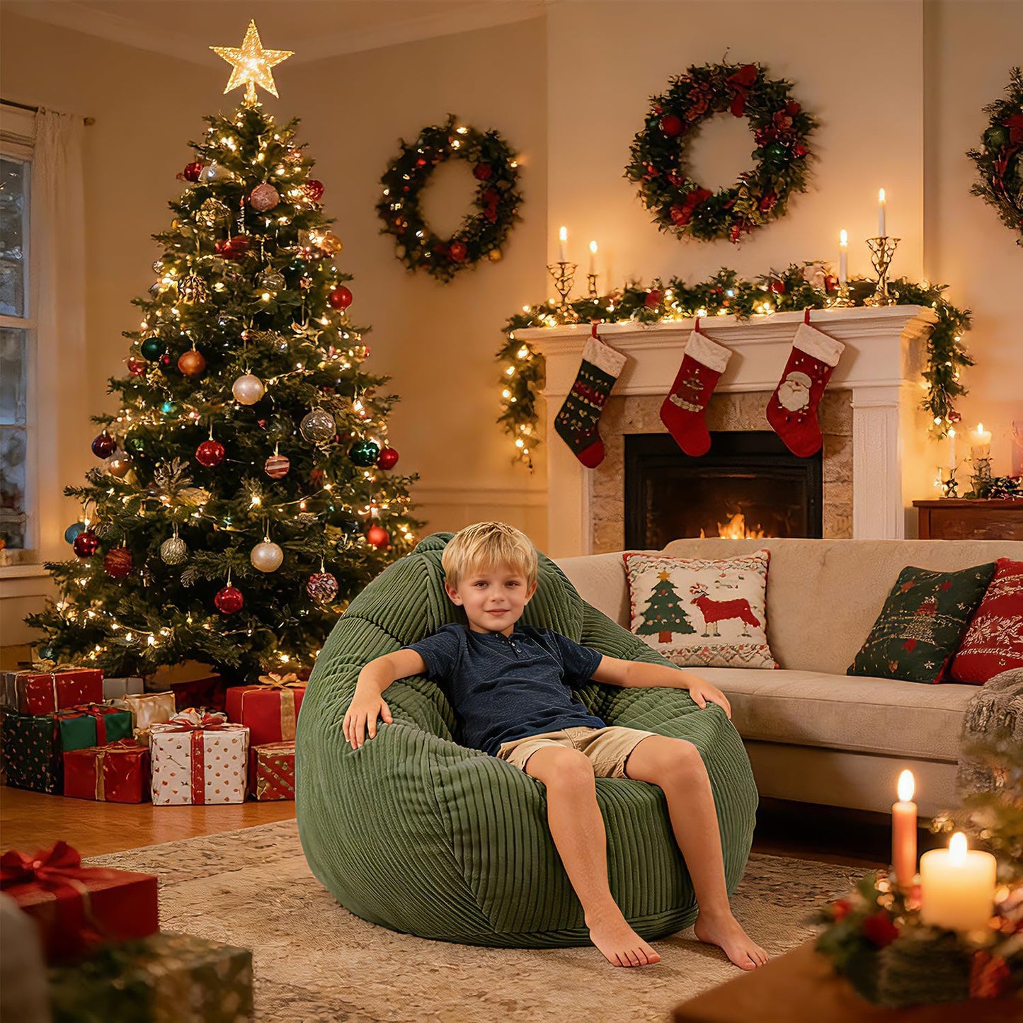 LPMOERA Bean Bag Chairs for Kids/Teen with Memory Foam Filling Bean Bag Sofa with Soft Corduroy Fabric BeanBag Chair for Living Room Bedroom College Dorm Reading Chair Green