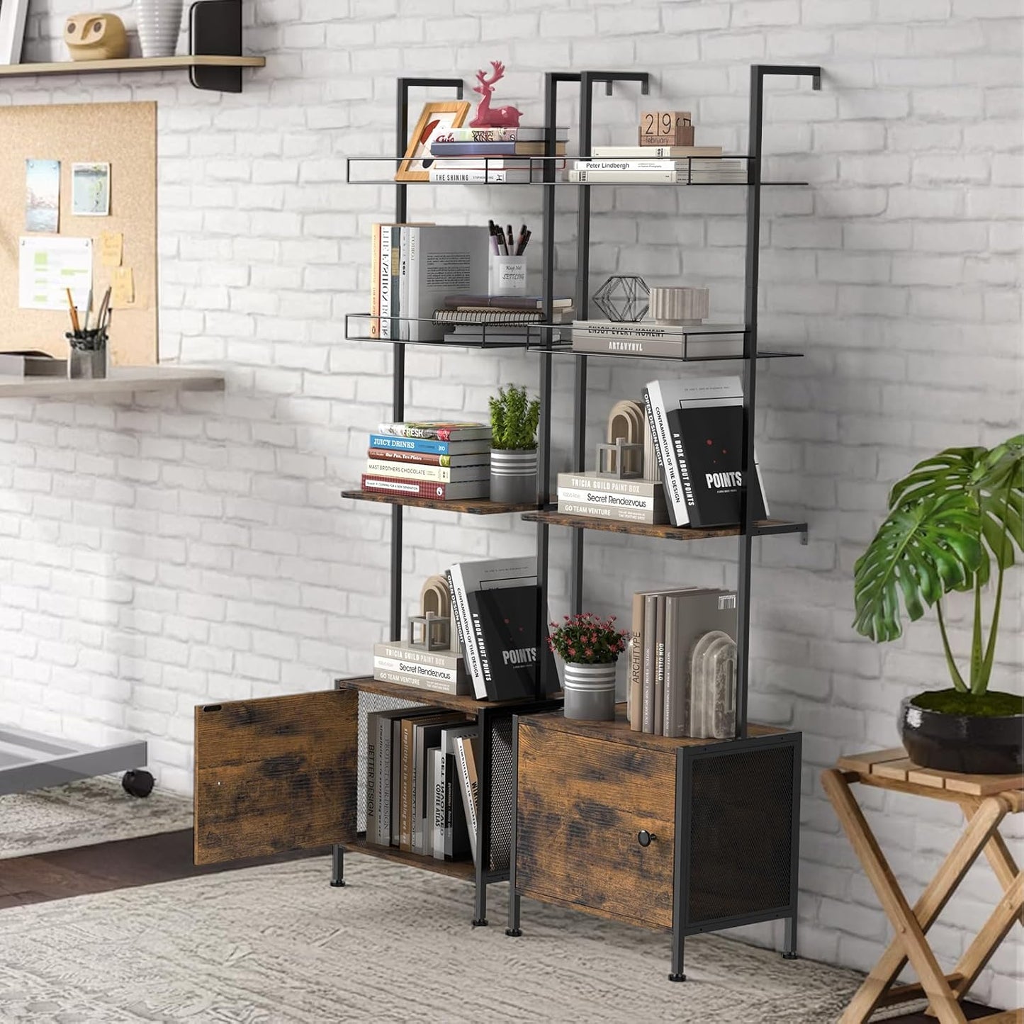 Shinoske Ladder Bookshelf,5 Tier Book Shelf with Storage Cabinet,Wall Mounted Industrial Bookcase for Small Space,Metal Frame,Tall Display Shelf for Living Room,Corner,Bedroom,Office,Brown