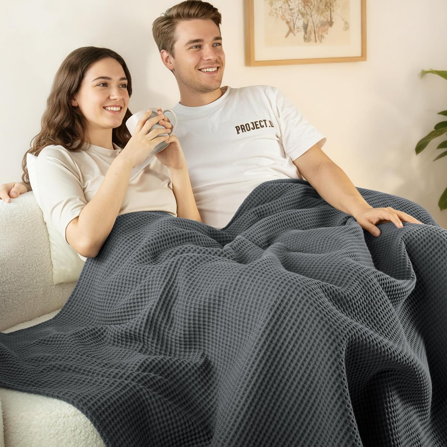 Exclusivo Mezcla 100% Cotton Waffle Weave Blanket Queen Size, Soft, Lightweight and Breathable Muslin Gauze Blanket for Bed, All Season, 90"x90", Dark Grey