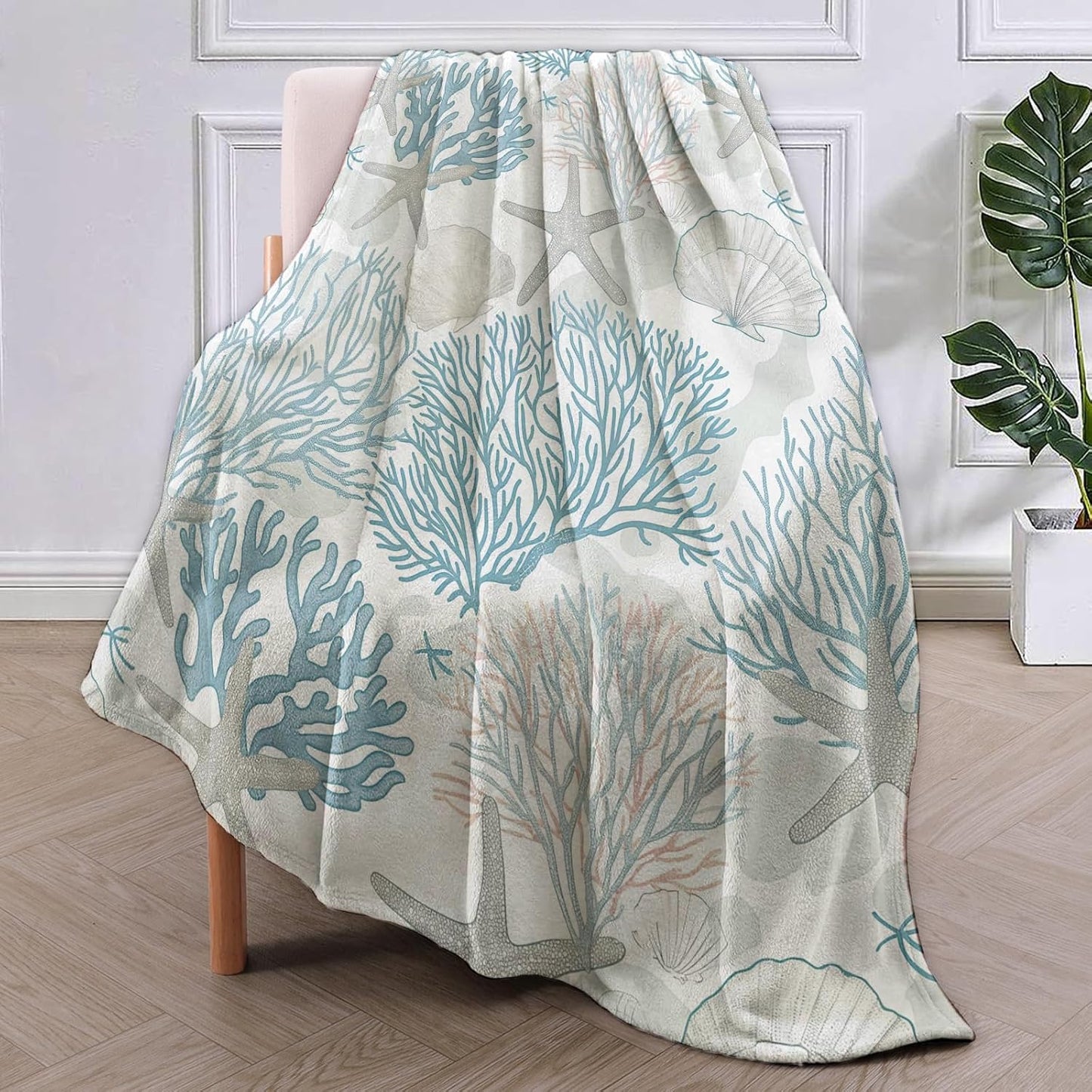 Nautical Coastal Blanket Gifts for Adults Women Girls Soft Warm Lightweight Cozy Plush Starfish Seashell Coral Beach Throw Blankets Sea Ocean for Bed Living Room Sofa Home Decor 60"x50"