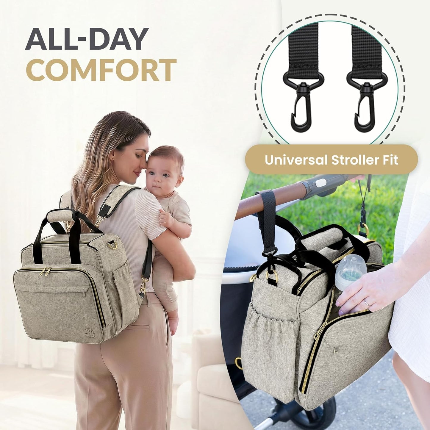 Mellories 4 in 1 Convertible Diaper Bag Tote for Baby Boys and Girls - Converts into Diaper Backpack, Baby Tote, Stroller and Crossbody Diaper Bag - Beige Baby Travel Bag - Gift for Mom