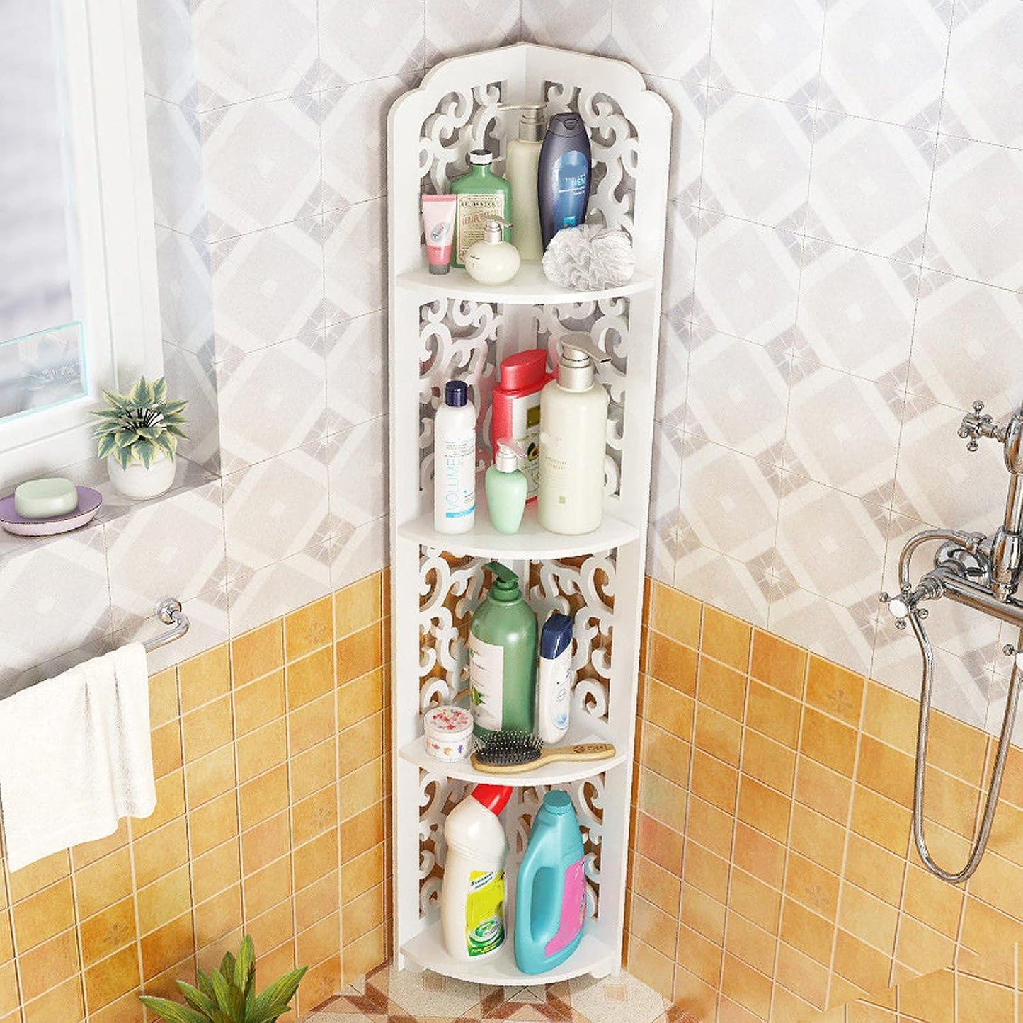 4 Tier Corner Shelf, Corner Ladder Shelf for Living Room, Free Standing Corner Shower Rack for Bathroom, Multipurpose Bathroom Corner Shelves Unit for Small Spaces (Baroque)