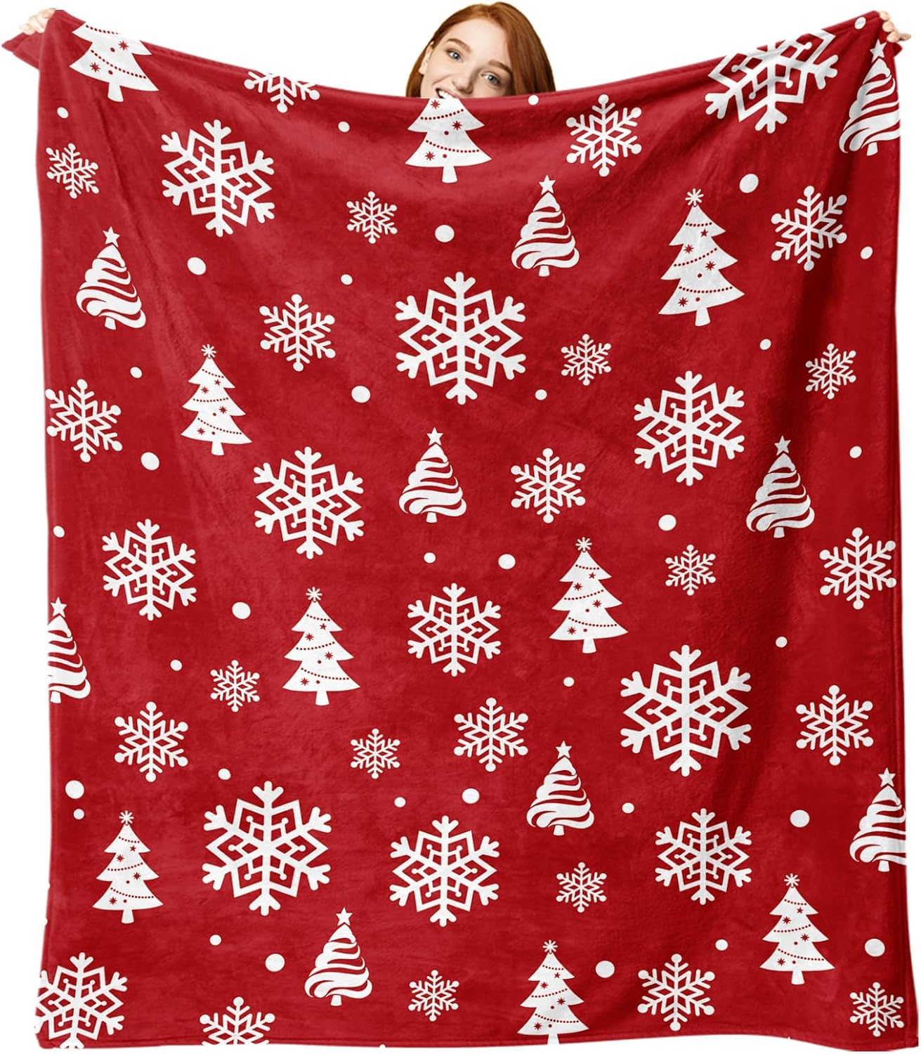 Christmas Tree Red Flannel Throw Blanket, Xmas Pine Trees Snowflake Birthday Gifts for Kids Men Women, Winter Holiday Soft Blankets for Bedding Sofa 50 x 60 Inches