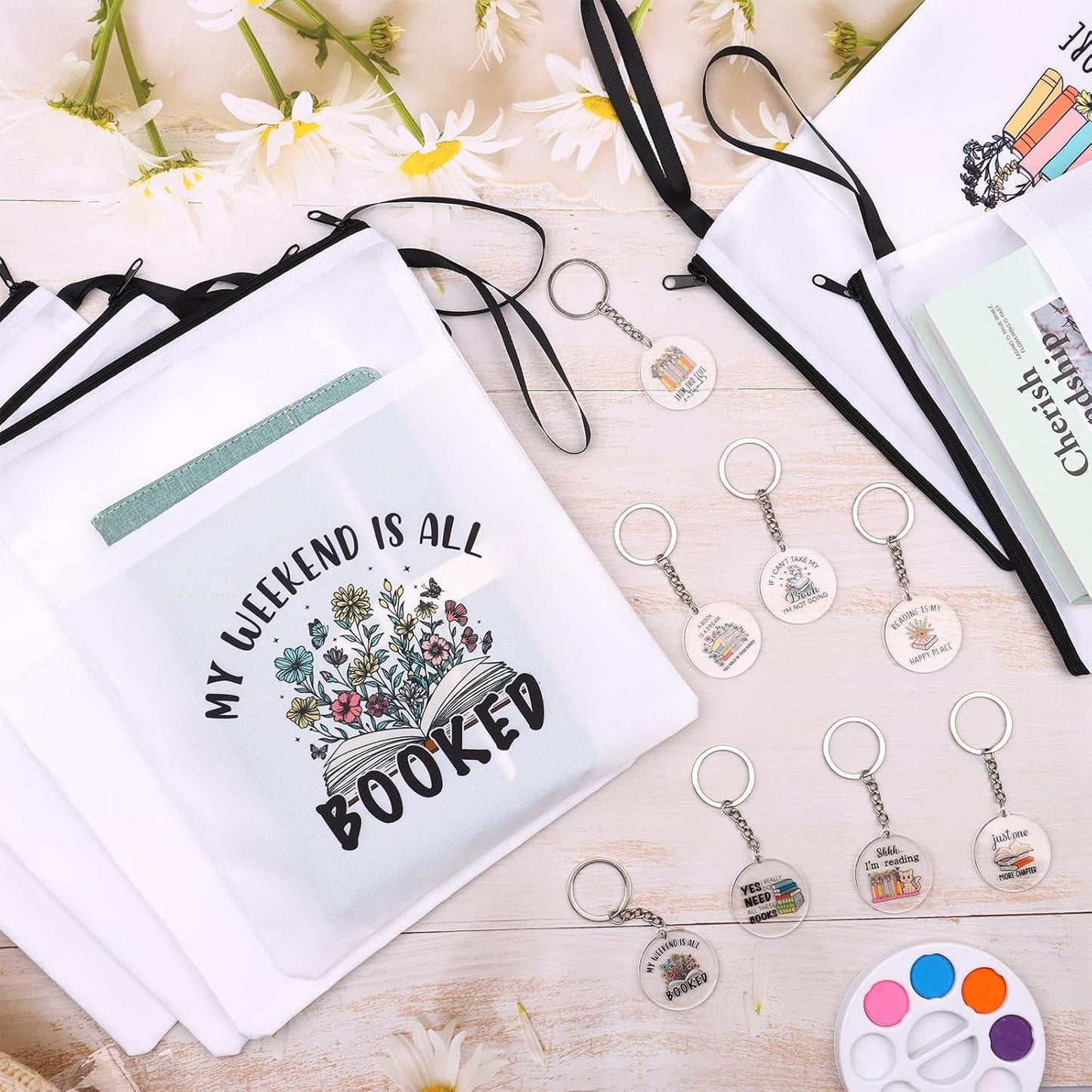16Pcs Book Club Gifts Book Pouch Sleeves Book Lover Acrylic Keychains Bulk with Zipper and Pocket Paperback Sleeve for Librarian Lovers Bookish Group Club Gifts 11 x 8.7 Inch