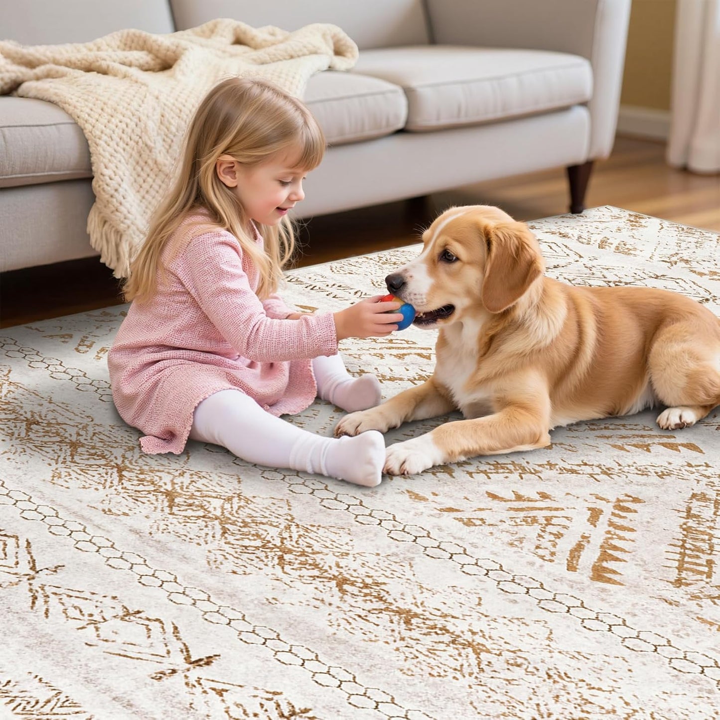Area Rug Living Room Carpet: 5x7 Large Moroccan Soft Fluffy Geometric Washable Bedroom Rugs Dining Room Home Office Nursery Low Pile Decor Under Kitchen Table Light Brown/Ivory