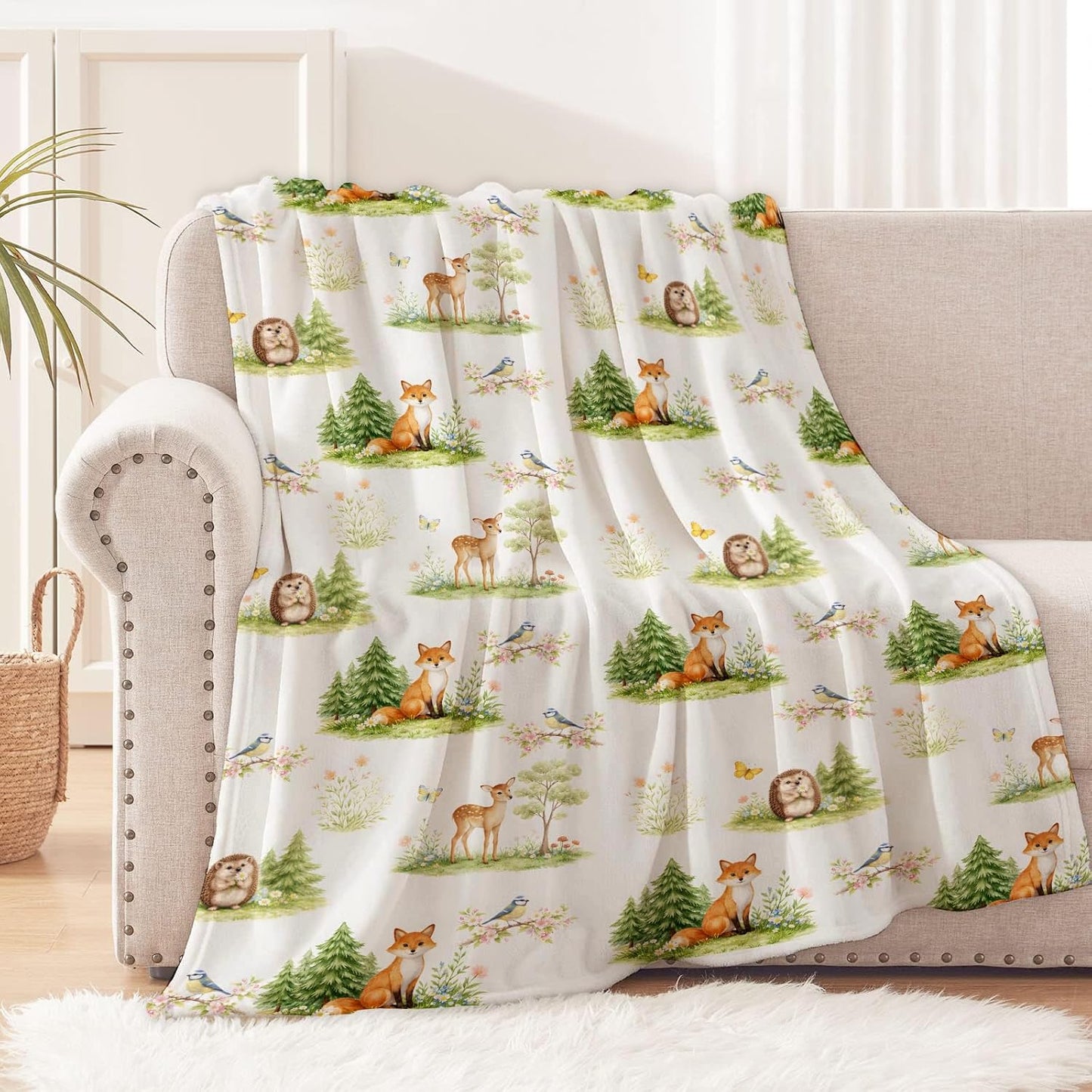 Woodland Animal Blanket for Nature and Animal Lovers, Fox Deer Bird Hedgehog Flannel Blankets, Forest Gifts, Soft Warm Cozy Throws for Sofa Couch Bed Living Room Bedroom Home Decor 60" x 50"