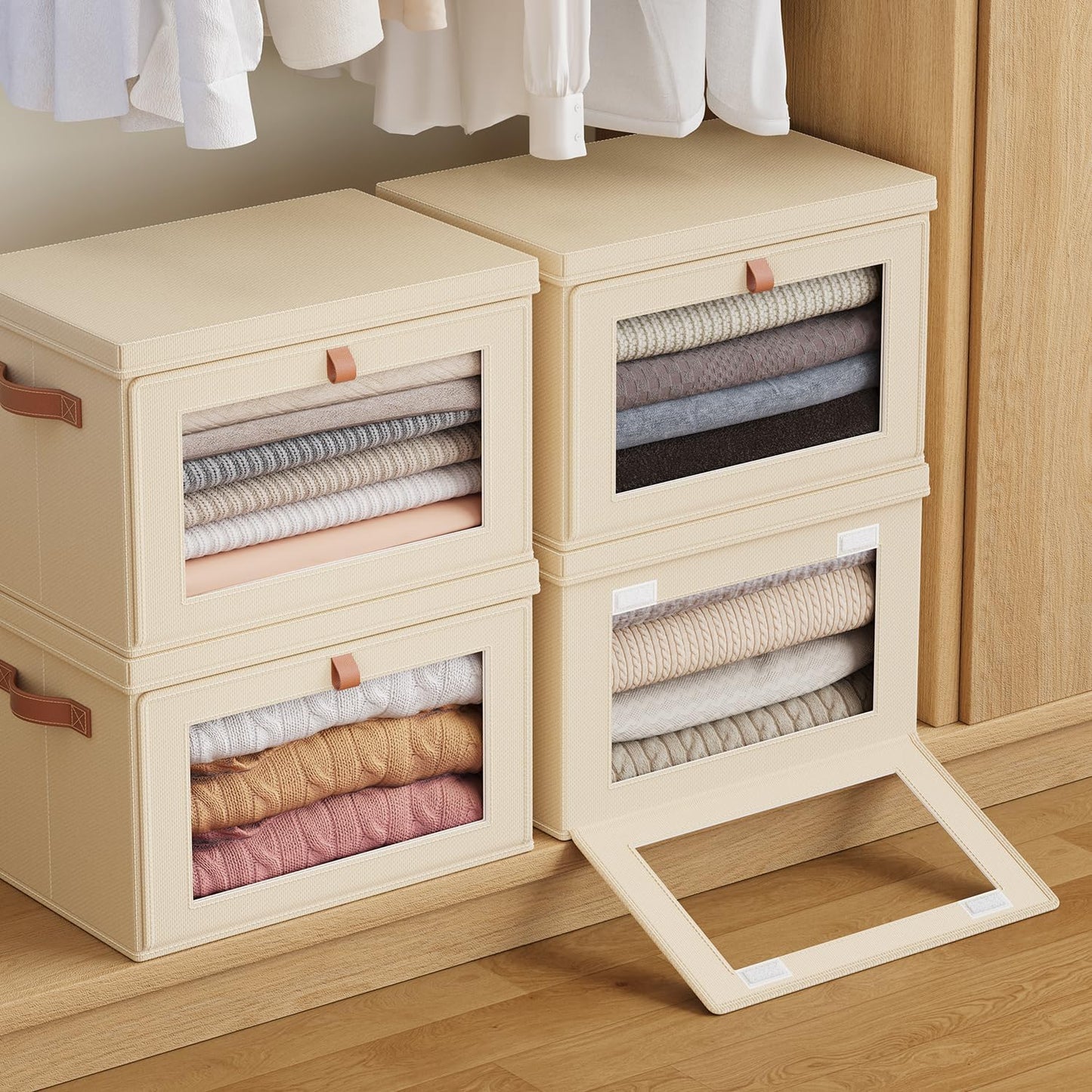 Tuza 4 Pack Foldable Storage Bins - Fabric Decorative Storage Boxes with Handles & Window, Collapsible Organizer for Closet, Shelf, Dorm Room