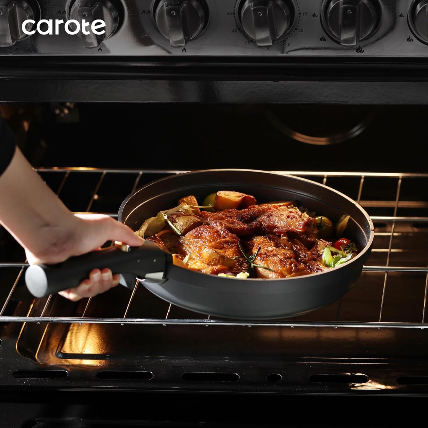 CAROTE 20pcs Pots and Pans Set Non Stick, Nonstick Cookware Set, Dishwasher/Oven/Fridge Safe Pots and Pans, Removable Handle RV Oven Safe Cookware, Induction Kitchen Set, Black