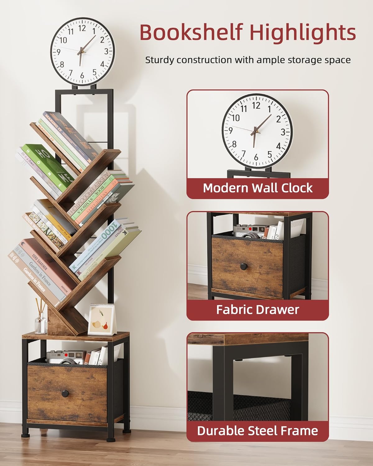 6 Tier Tree Bookshelf with Clock and Fabric Drawer, Small Narrow Bookcase, Tall Floor Standing Book Shelf for Bedroom, Living Room, Home Office, Rustic Brown