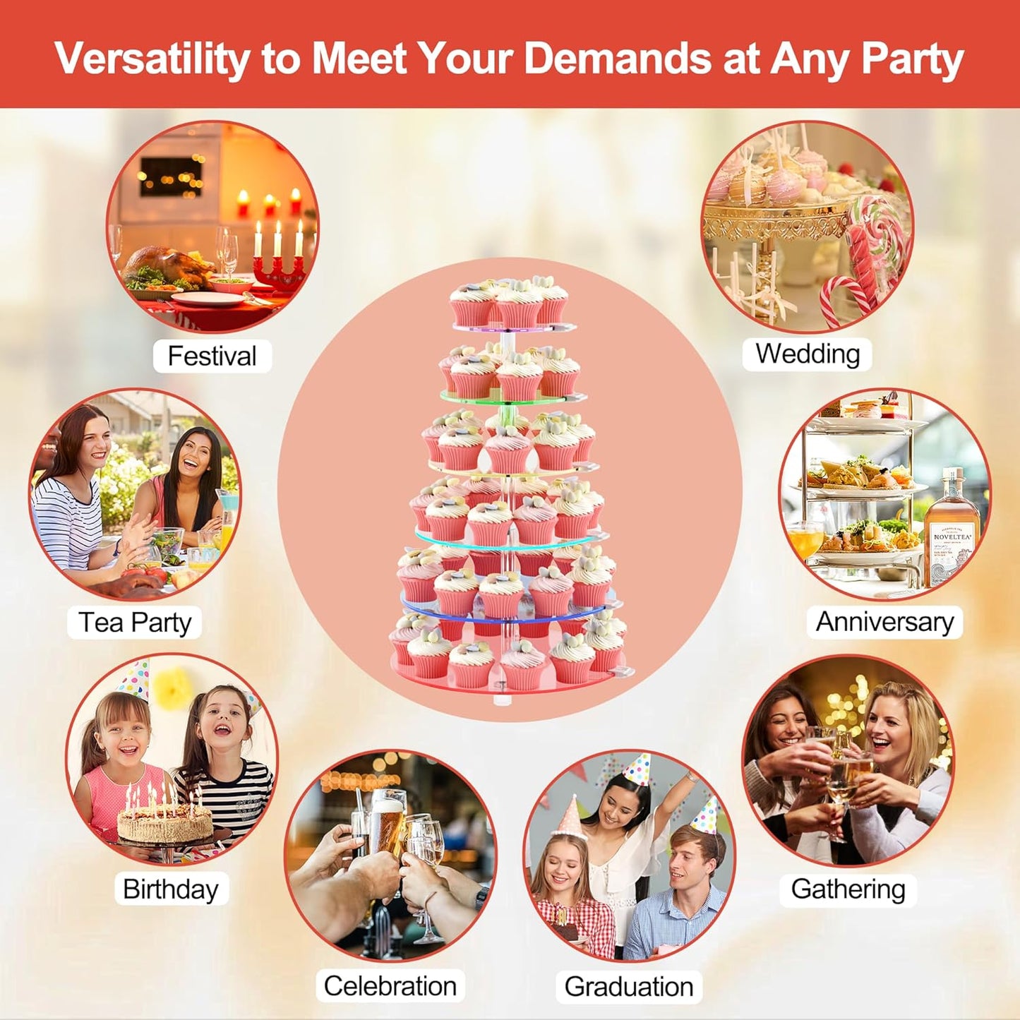 Cupcake Stand - 6 Tier Round Cupcake Tower with Rechargeable LED Light - Cupcake Holder for 60 Cupcakes - Cup Cake Stand with light - Clear Acrylic Dessert Display Stand for Weddings, Birthdays