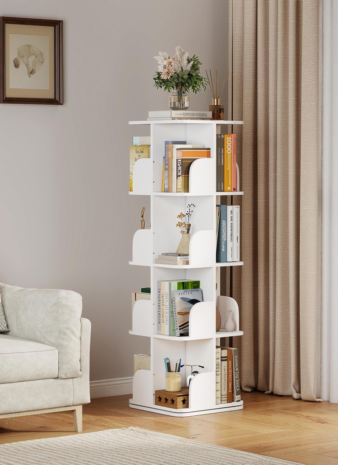 Rotating Bookshelf Tower, 4 Tier Spinning Square Bookshelf for Small Spaces, 360 Display Kids Bookshelves, Revolving Bookcase Floor Standing Storage Rack, White