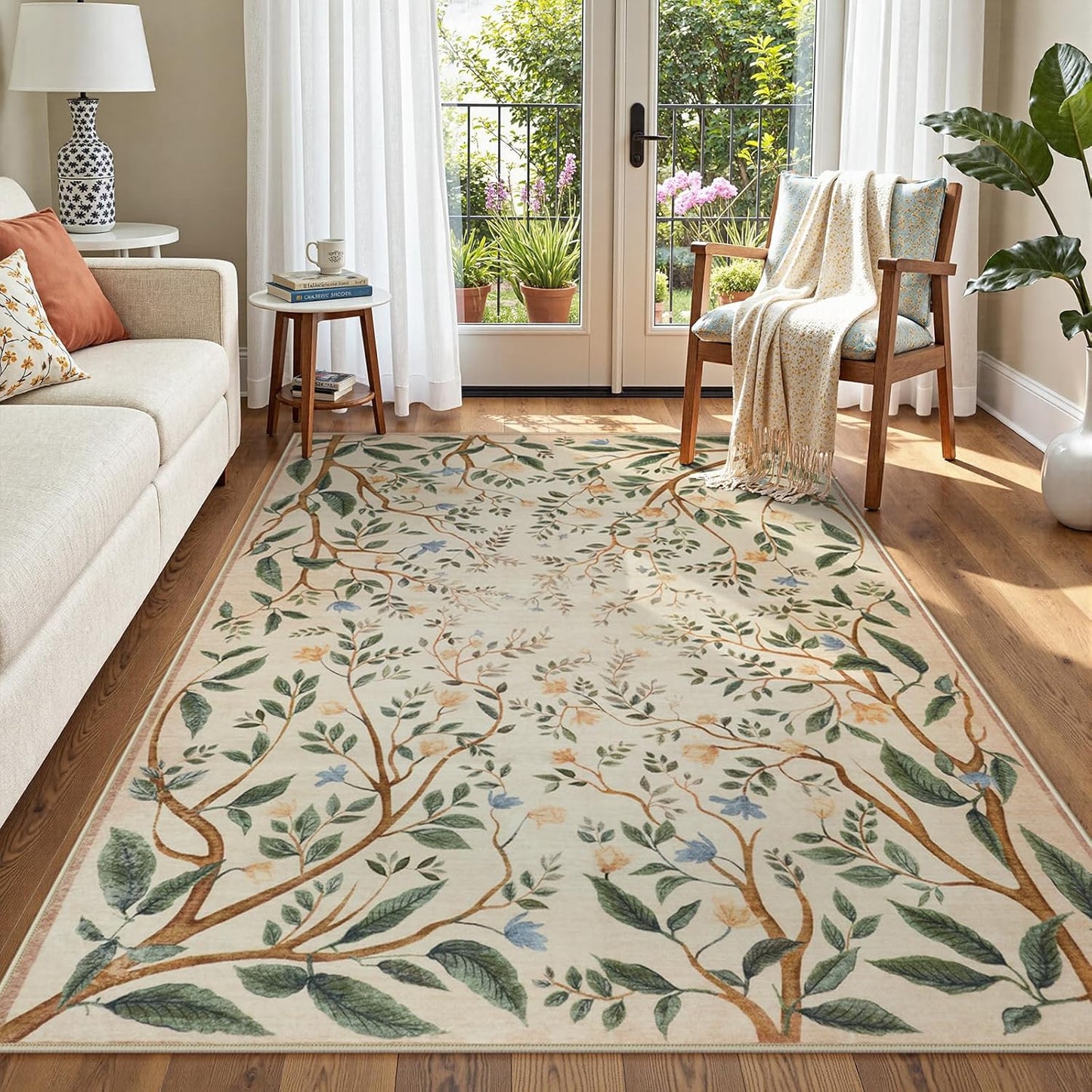Collive Washable Area Rugs for Living Room, Beige 5x7 Bedroom Rug, Floral Forest Botanical Flourishing Vines Soft Non-Slip Stain Resistant Boho Carpet for Dining Room Office