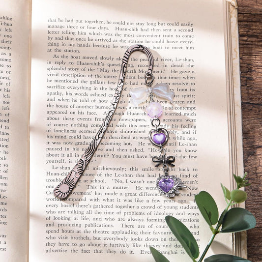 Charm Metal Bookmark Gifts - Purple Crystal Heart Cute Bookmarks Unique Y2k Beads Aesthetic Page Marker for Reading Lovers Women Girls Bookish Accessories Birthday Students Teachers School