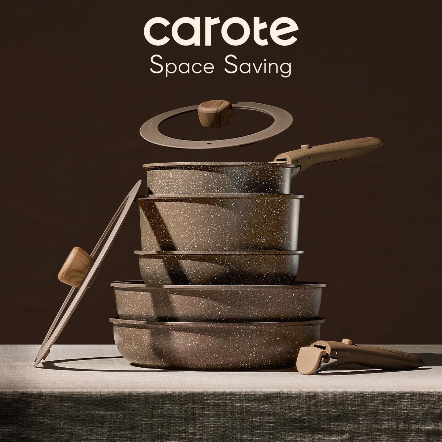 CAROTE 17PCS Pots and Pans Set Non Stick with Detachable Handle, Nonstick Cookware Sets, Cooking Kitchen Set, Oven/Dishwasher Safe, Induction Cookware, Brown, RV Kitchen Pot and Pan